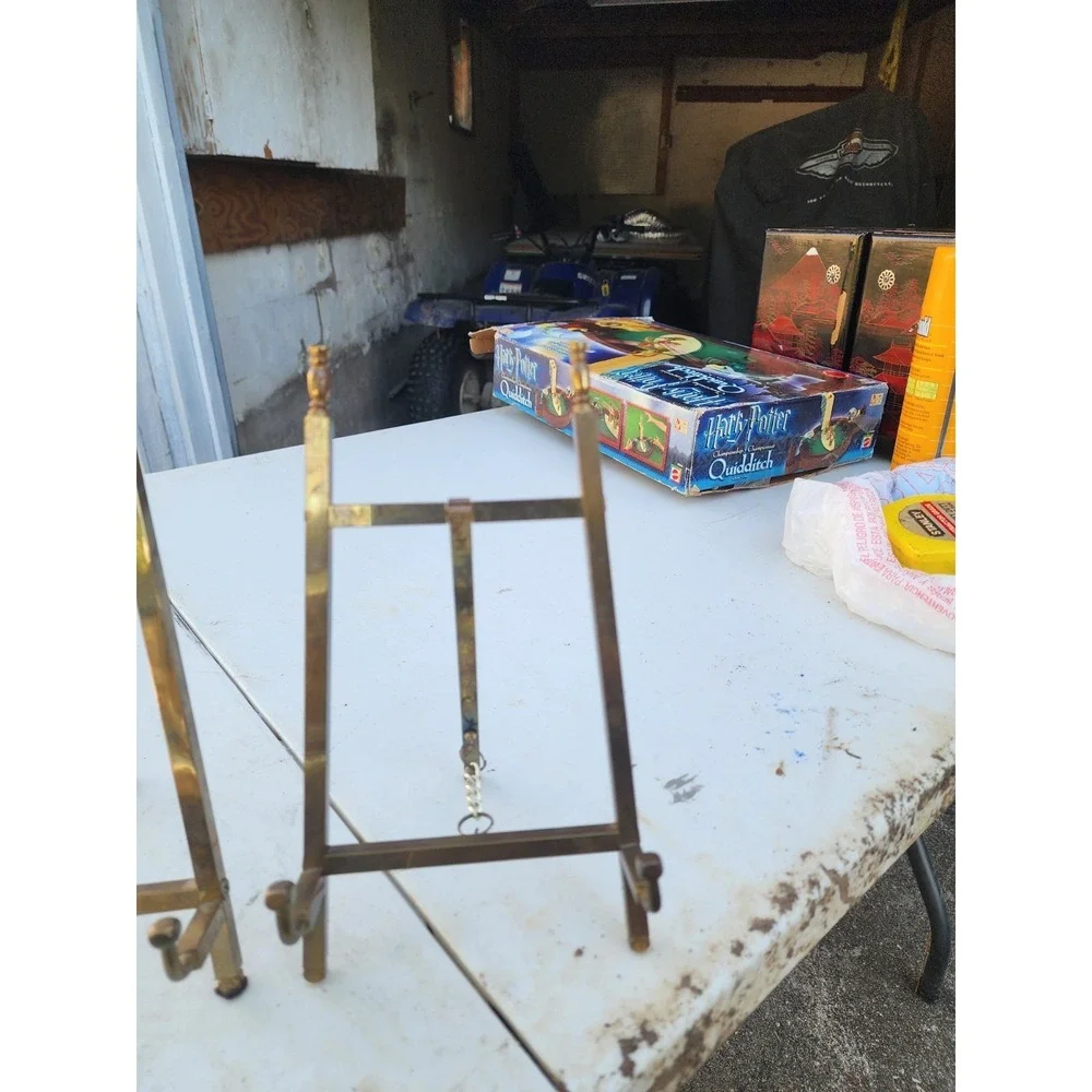 Vintage Set Of 2 Solid Brass Easel Display Stands Large & Medium